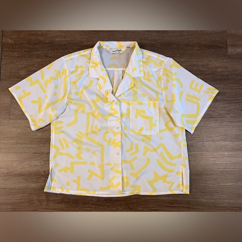 Diane Von Furstenberg Button Up Shirt 18w Abstract‎ Short Sleeve Crop VTG H6